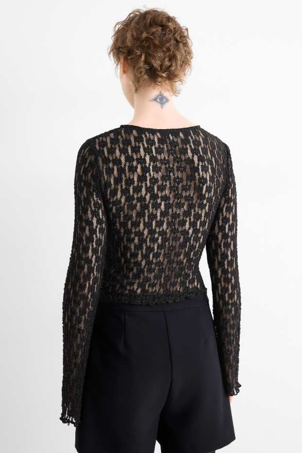 Femmes - Haut court à manches longues à dentelles - slim fit - noir