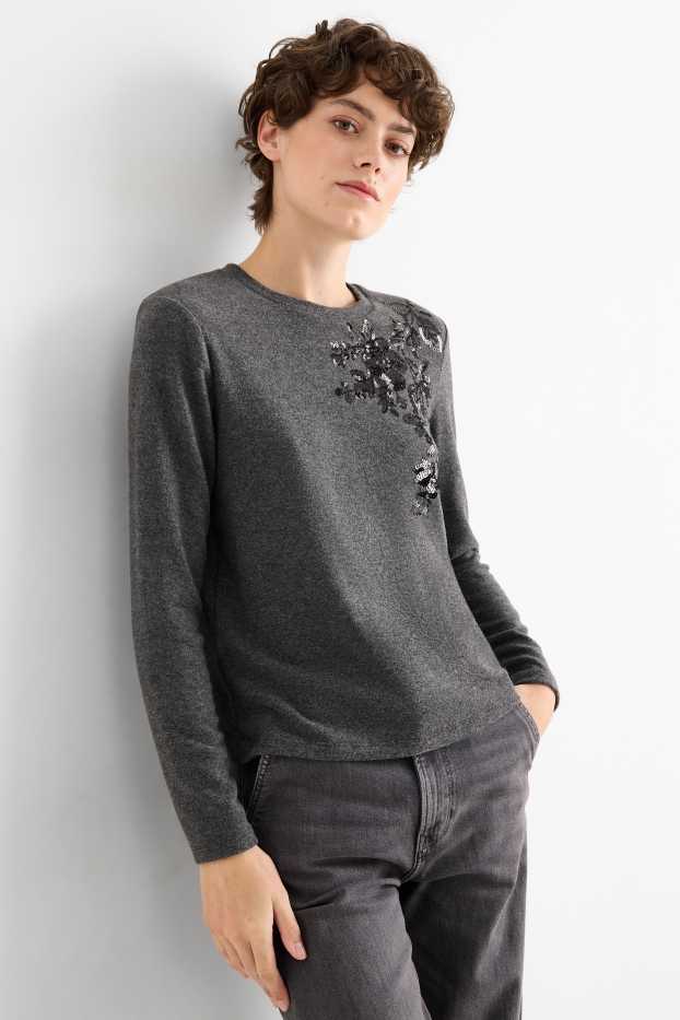 Mujer - Camiseta de manga larga - regular fit - brillos - gris