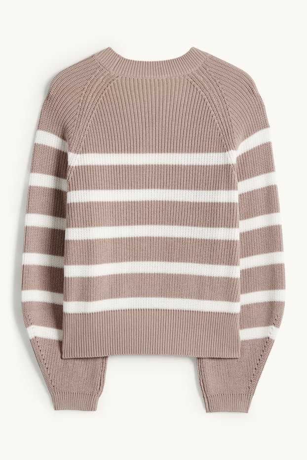 Women - Jumper - ribbed - striped - beige