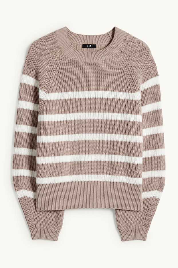 Women - Jumper - ribbed - striped - beige