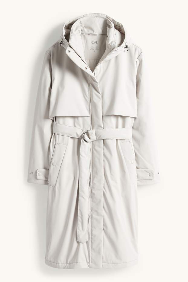 Women - Coat with hood and belt - lined - water-repellent - light gray