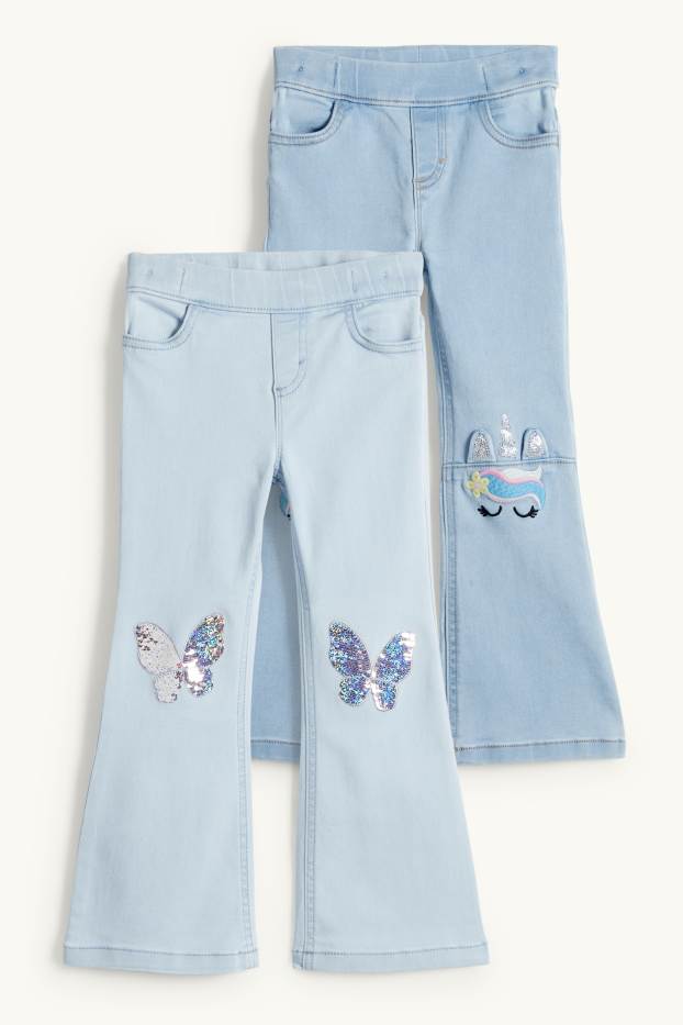 Kinder Mädchen - Multipack 2er - Schmetterling und Einhorn - Flared Jeans - helljeansblau