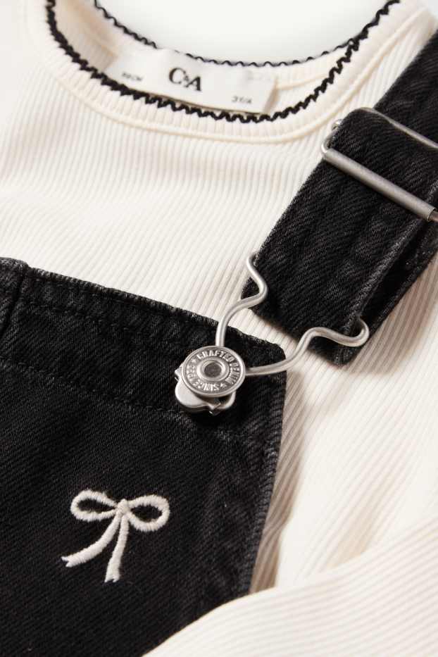 Kinder Mädchen - Schleife - Set - Langarmshirt und Jeans-Latzkleid - 2 teilig - weiß / schwarz