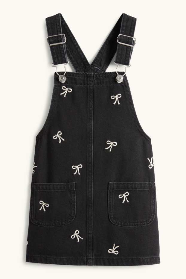 Kinder Mädchen - Schleife - Set - Langarmshirt und Jeans-Latzkleid - 2 teilig - weiß / schwarz