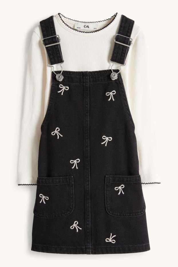 Kinder Mädchen - Schleife - Set - Langarmshirt und Jeans-Latzkleid - 2 teilig - weiß / schwarz