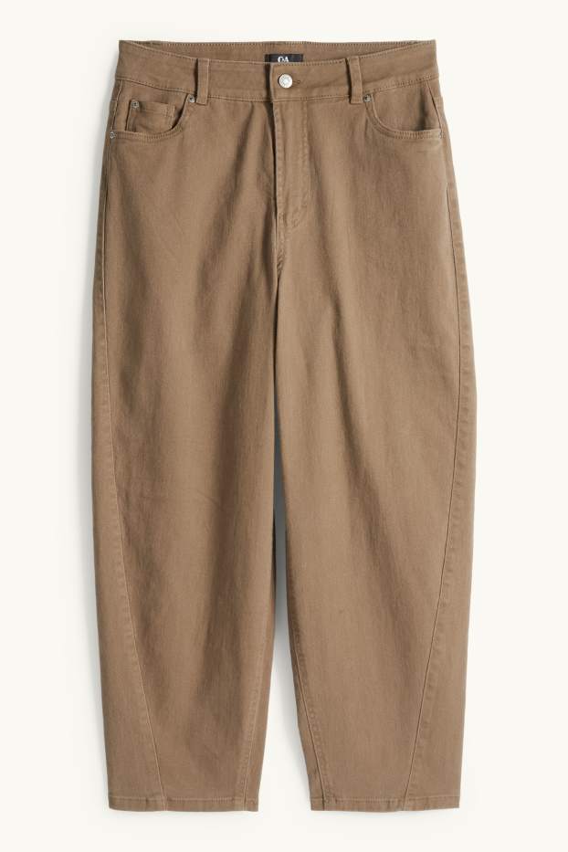 Women - Cloth trousers - mid-rise waist - barrel leg - denim-brown