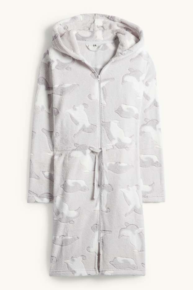 Dames - Badjas met capuchon - met patroon - lichtgrijs