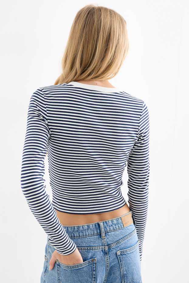 Damen - Crop Langarmshirt - Slim Fit - gerippt - gestreift - dunkelblau / weiß