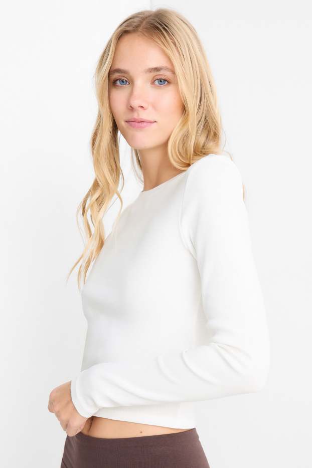 Dames - Korte longsleeve - slim fit - ribstof - crème wit