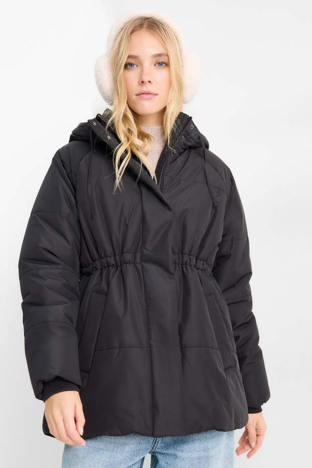 Women - Quilted jacket with hood - black