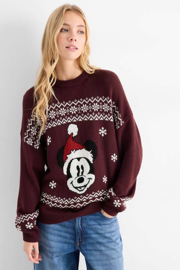 Damen - Weihnachtspullover - Micky Maus - bordeaux