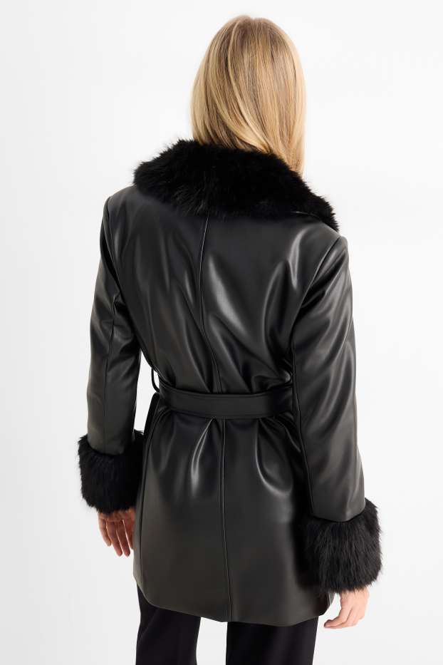 Women - Coat with faux fur trim - faux leather - black