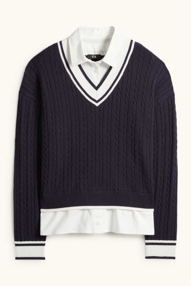 Kobiety - Sweter - w stylu 2 w 1 - wzór warkocza - ciemnoniebieski