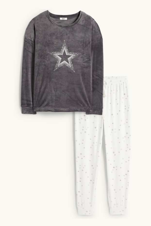 Damen - Winterpyjama - Glanz-Effekt - dunkelgrau / weiss