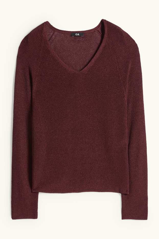 Femmes - Pull avec encolure en V - effet brillant - bordeaux