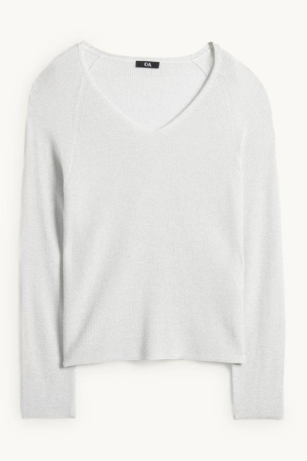 Femmes - Pull avec encolure en V - effet brillant - blanc pur