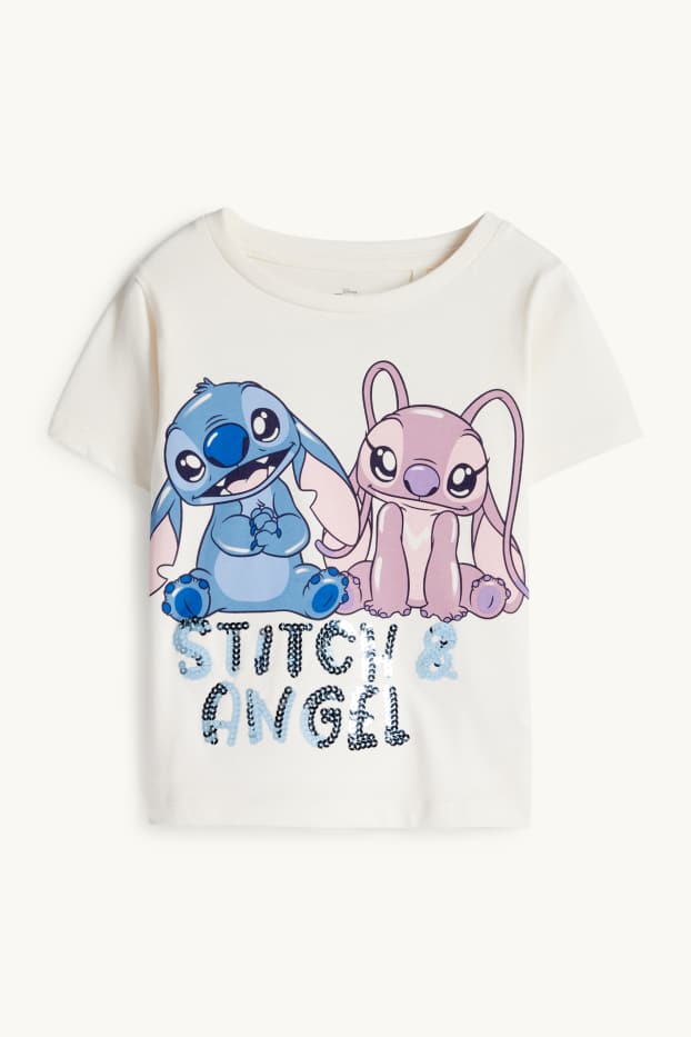Kinderen: meisjes - Lilo & Stitch - T-shirt - glanseffect - crèmekleurig
