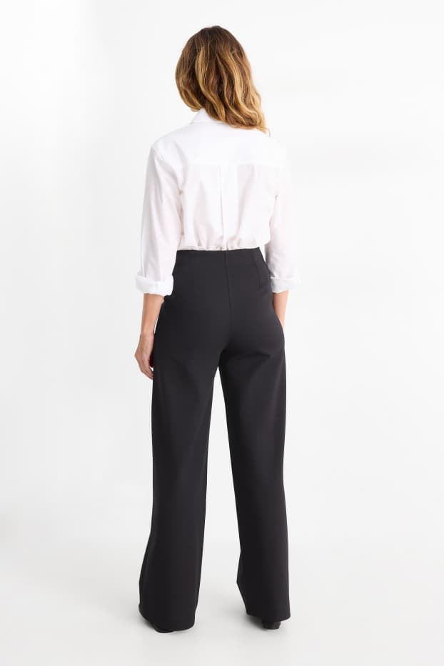 Dámské - Žerzejové kalhoty - mid waist - wide leg - černá