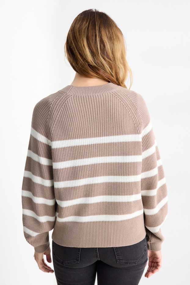Women - Jumper - ribbed - striped - beige