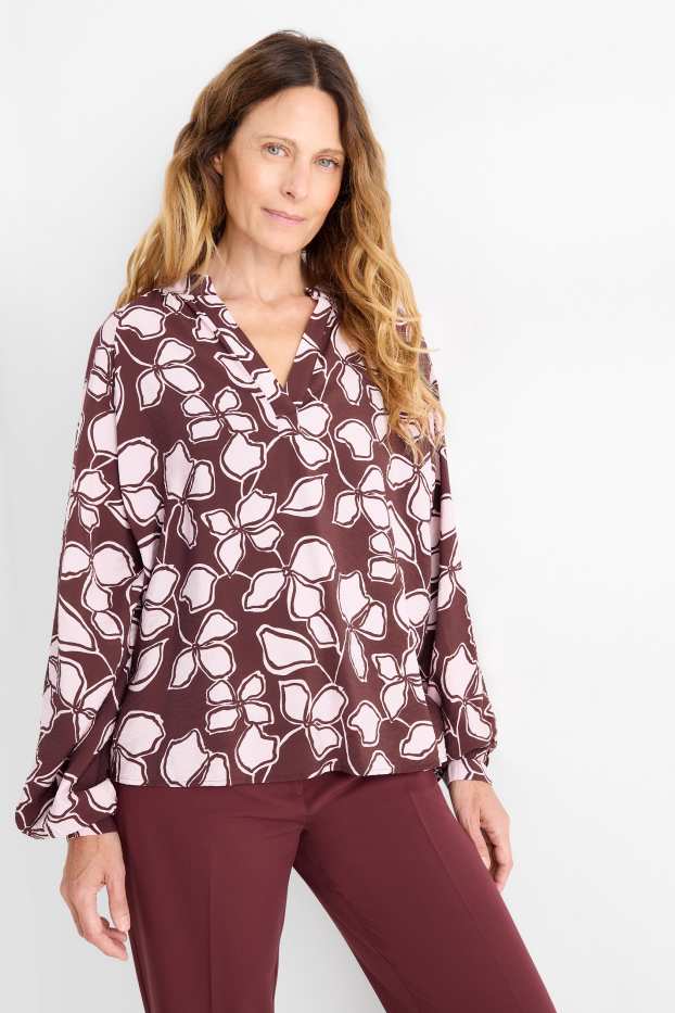 Women - V-neck blouse - floral - brown / rose