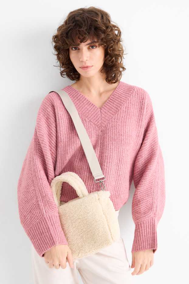 Dámské - Malá teddy kabelka shopper s odnímatelným popruhem - béžová