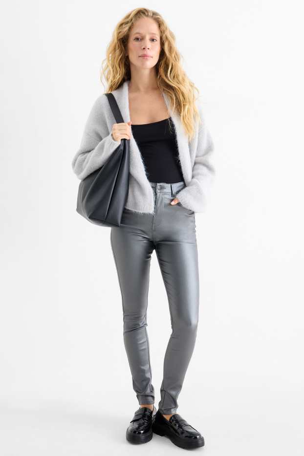 Donna - Pantaloni - vita alta - skinny fit - similpelle - argento