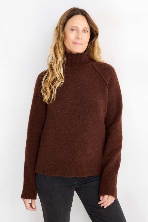 Dona - Jersei amb coll alçat - mescla d’alpaca - marró fosc