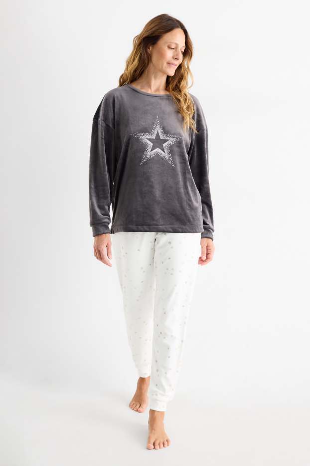 Damen - Winterpyjama - Glanz-Effekt - dunkelgrau / weiss