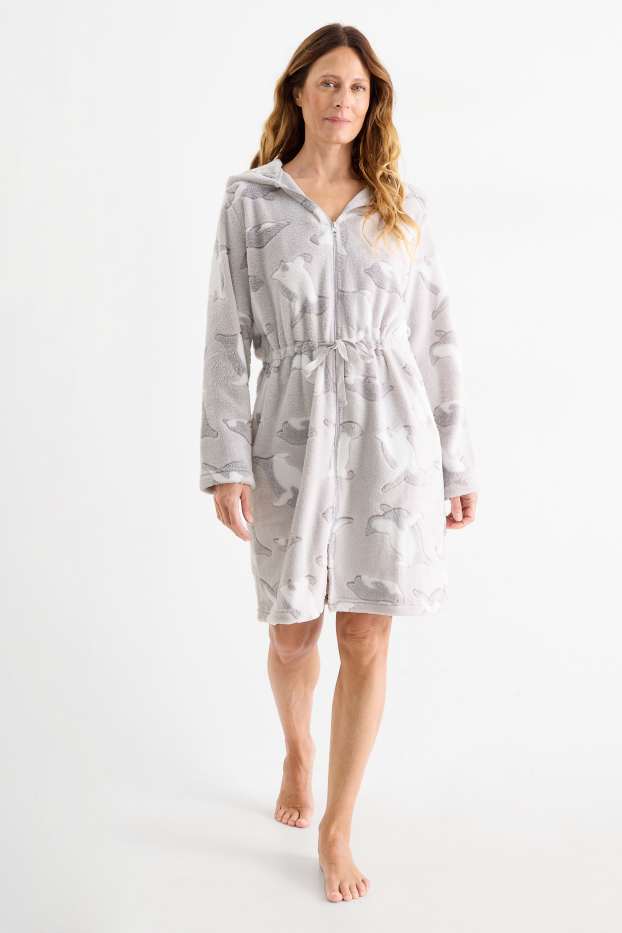 Dames - Badjas met capuchon - met patroon - lichtgrijs
