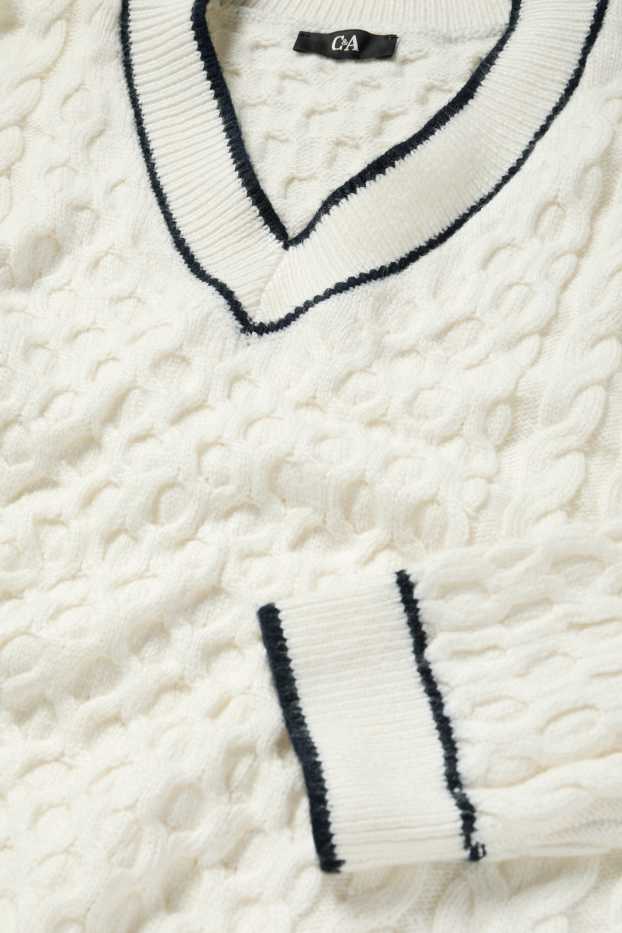 Donna - Maglione scollo a V - motivo treccia - bianco crema