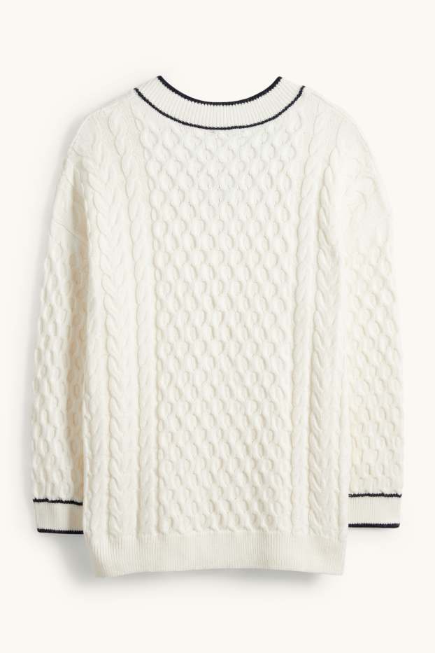 Donna - Maglione scollo a V - motivo treccia - bianco crema