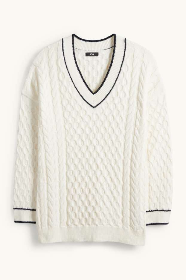 Donna - Maglione scollo a V - motivo treccia - bianco crema