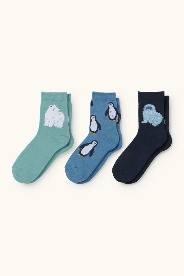 Kinder Jungen - Multipack 3er - Pinguin und Eisbär - warme Socken mit Motiv - dunkelblau