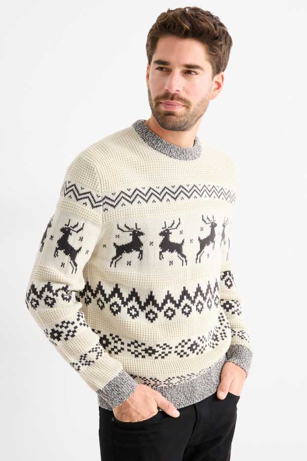 Uomo - Maglione natalizio - renna - fantasia - tessuto tramato - bianco crema