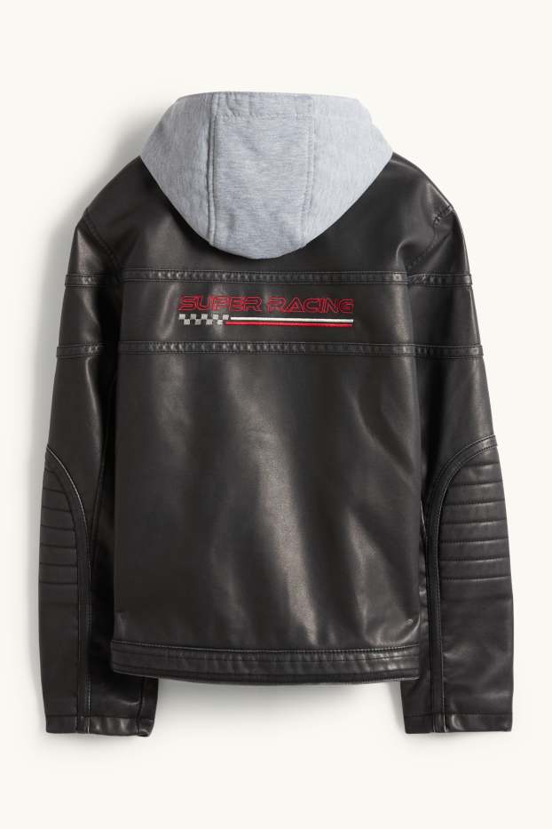 Kinder Buben - Racing - Bikerjacke mit Kapuze - Lederimitat - schwarz
