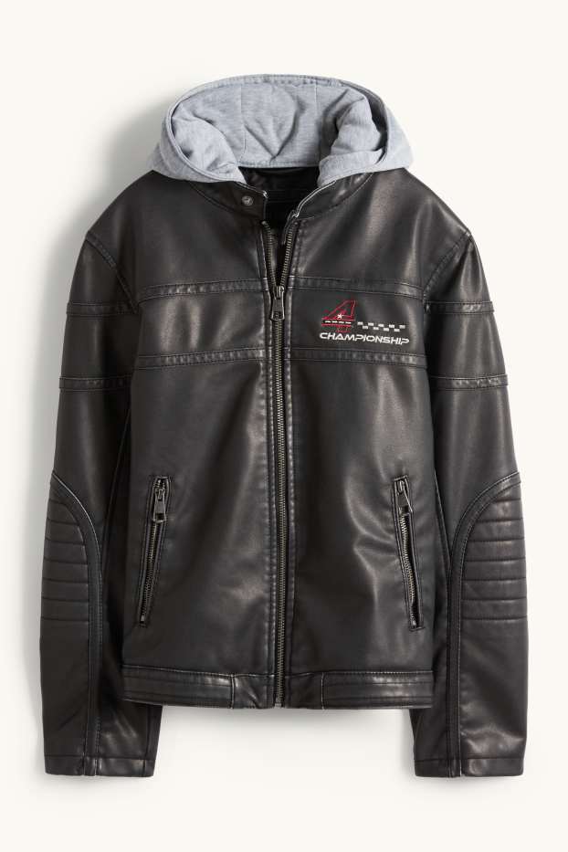 Kinder Buben - Racing - Bikerjacke mit Kapuze - Lederimitat - schwarz