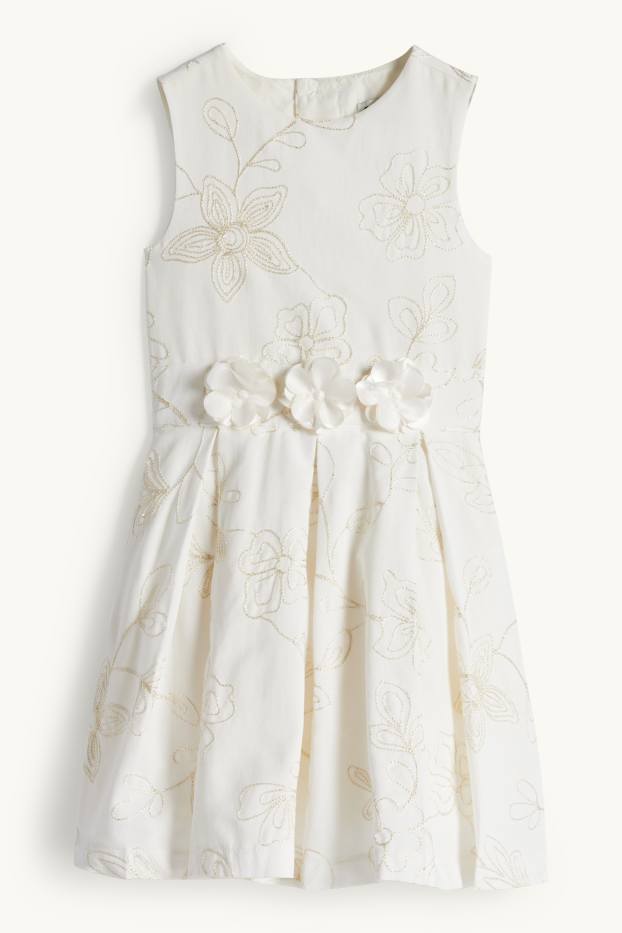 Enfants filles - Fleur - robe - finition brillante - allure festive - blanc