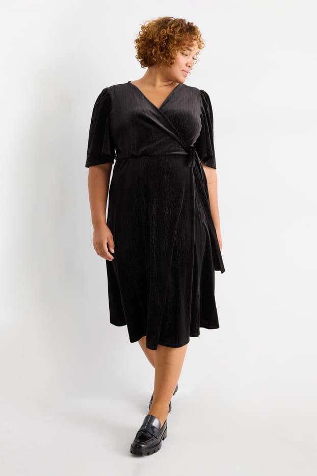 Dames - Fluwelen wikkeljurk - straight fit - zwart