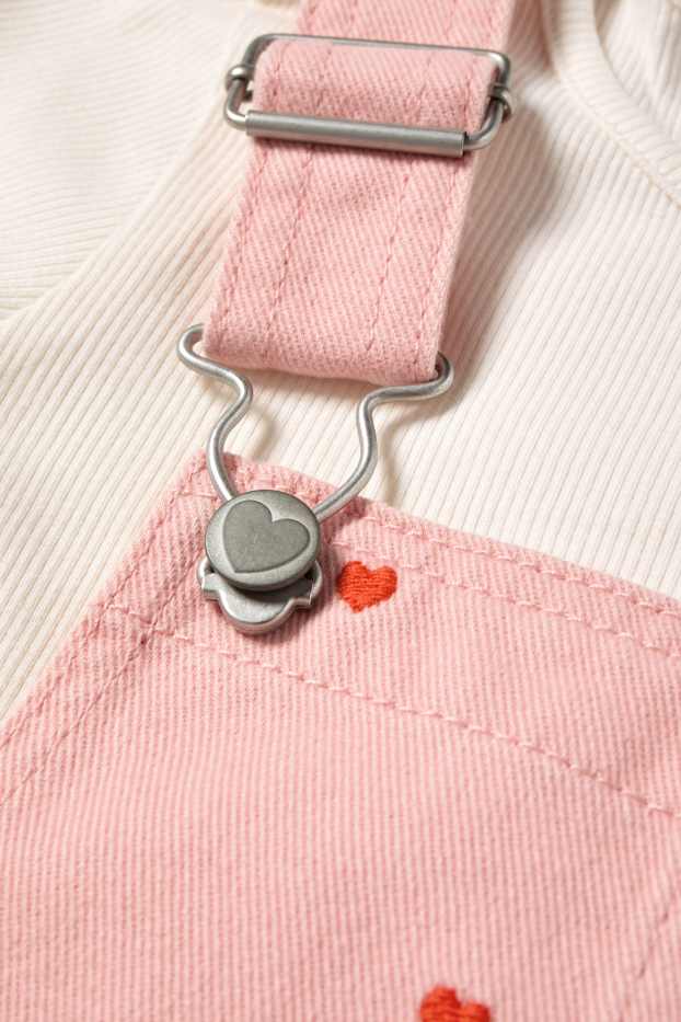 Bambine - Motivo cuori - set - t-shirt e salopette di jeans - 2 pezzi - fucsia