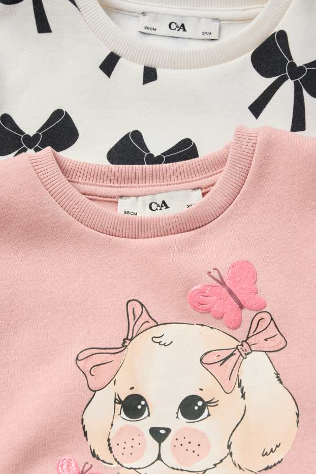 Enfants filles - Lot de 2 - chiot et nœud - sweat - blanc / rose