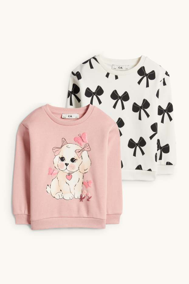 Enfants filles - Lot de 2 - chiot et nœud - sweat - blanc / rose