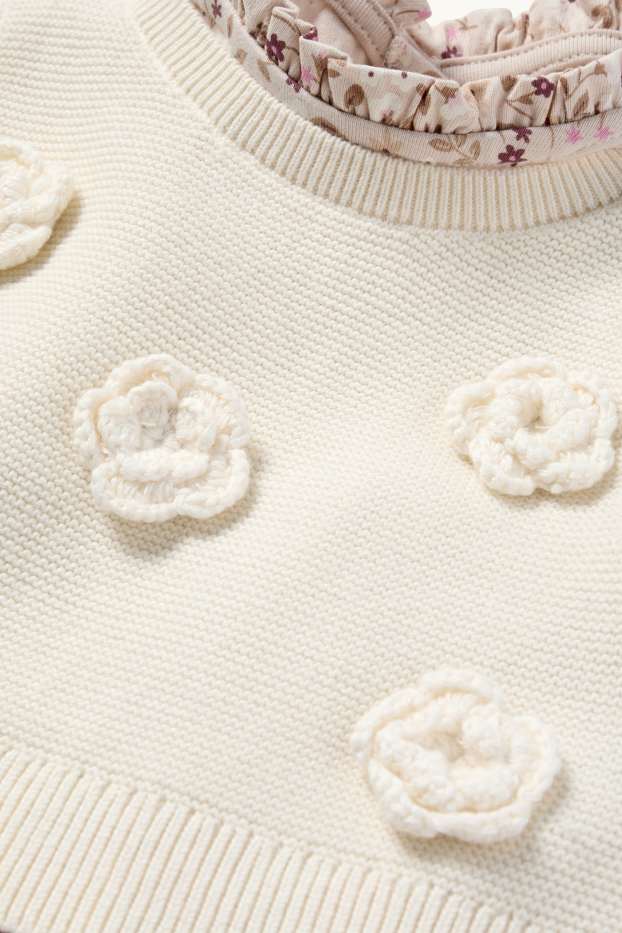 Baby Mädchen - Blümchen - Baby-Crochet-Outfit - 2 teilig - hellbeige