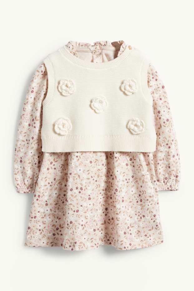 Baby Mädchen - Blümchen - Baby-Crochet-Outfit - 2 teilig - hellbeige