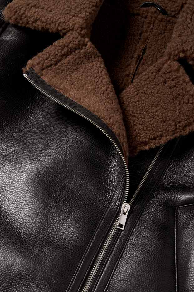 Damen - Faux Shearling Jacke - Lederimitat - schwarz