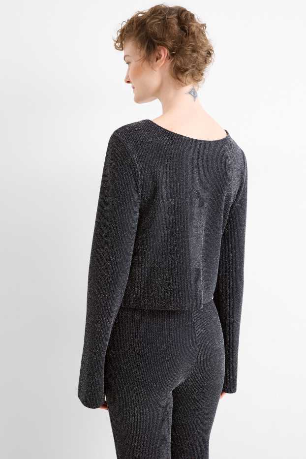 Dames - Korte longsleeve - slim fit - ribstof - zwart