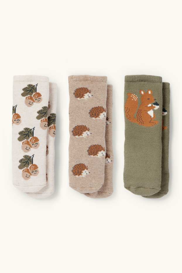 Bébés garçons - Lot de 3 - forêt - chaussettes antidérapantes à motif pour bébé - vert / beige