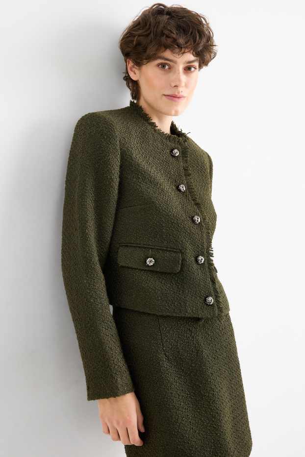 Damen - Bouclé-Crop-Blazer - Regular Fit - dunkelgrün