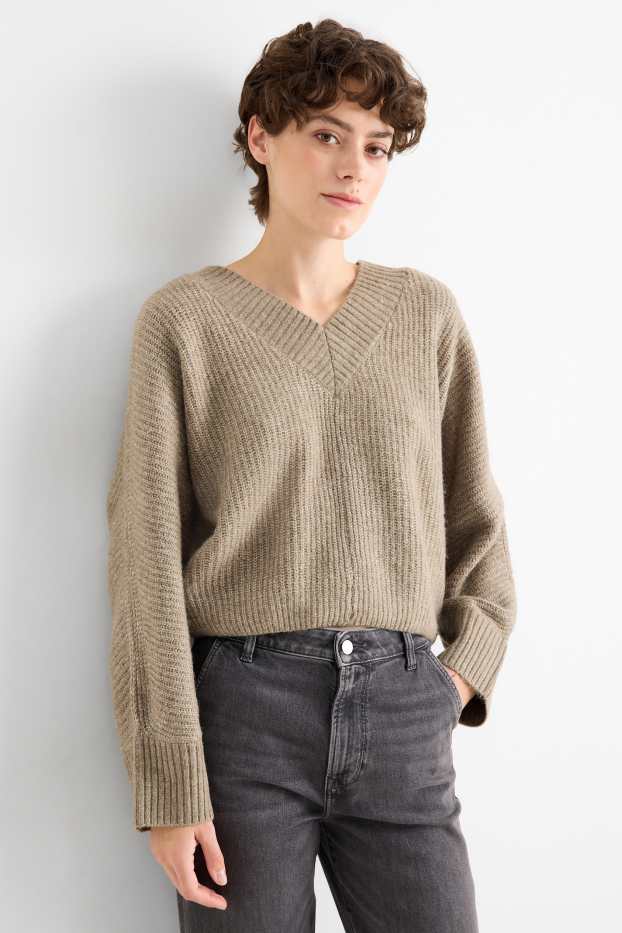 Donna - Maglione con scollo a V - a coste - beige