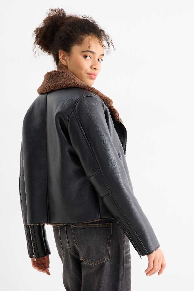 Damen - Faux Shearling Jacke - Lederimitat - schwarz