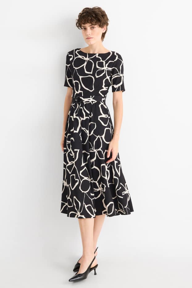 Dames - Fit & flare-jurk met ceintuur - gebloemd - met structuur - zwart / wit